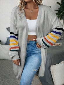 SHEIN LUNE Plus Striped Pattern Drop Shoulder Duster Cardigan, For Winter