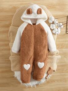 SHEIN Baby Girl 3D Ear Design Raglan Sleeve Hooded Teddy Jumpsuit - Brown - View 1