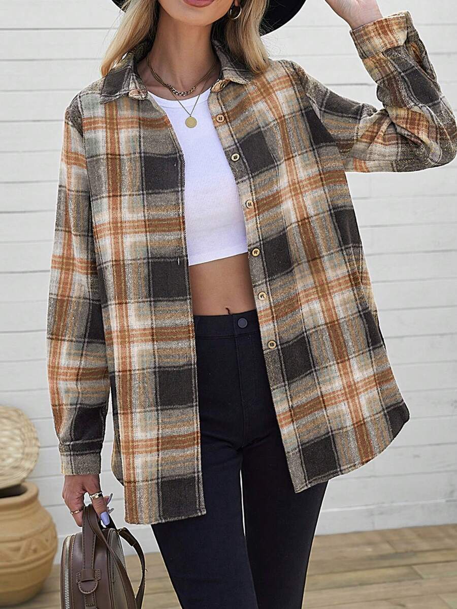 Women's Casual Spring Fall Plaid Shirts Shacket Rounded Hem Button Down Blouse With Slits - Black - View 1