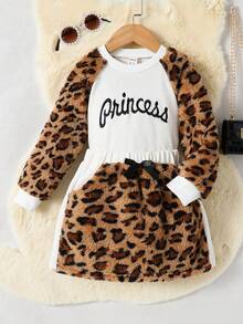 SHEIN Young Girl Letter Graphic Raglan Sleeve Sweatshirt & Bow Front Skirt - Multicolor - View 3