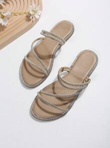 Women Faux Suede Rhinestone Decor Open Toe Slide Sandals, Glamorous Outdoor Flat Sandals - Apricot - View 6