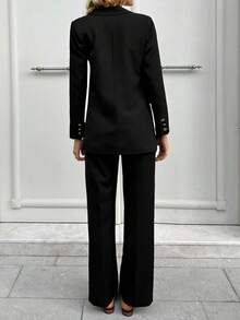 EURMUSE 女士纯色简约休闲长袖上衣和裤子套装 - 黑色 - 查看 2