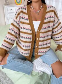 Flirla Plus Striped Pattern Drop Shoulder Cardigan - Multicolor - View 4