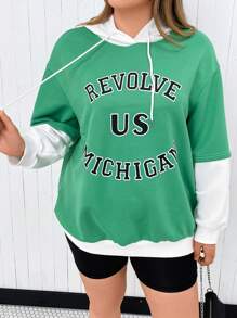 Flirla Plus Size Letter Graphic Drop Shoulder Drawstring Sweatshirt Pullover Fall Sweatshirt - Multicolor - View 4