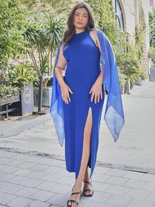 Talla grande Vestido unicolor de muslo con abertura - Azul - Ver 3