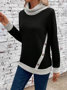 EMERY ROSE 拼接邊紐扣細節運動衫 - 黑色 - 查看 6