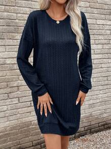 SHEIN LUNE Solid Drop Shoulder Sweatshirt Dress - Navy Blue - View 3