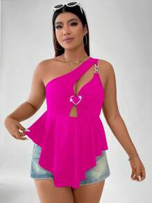 SHEIN Allurite Plus Heart Ring Linked Cut Out One Shoulder Peplum Top - Hot Pink - View 7