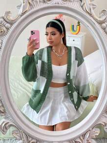 Flirla Plus Colorblock Drop Shoulder Cardigan, Winter - Green - View 3