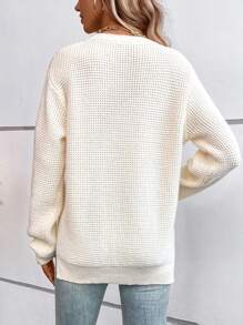 SHEIN LUNE Notched Neck Pocket Patched Drop Shoulder Knit Pullover Fall Winter Sweater - White - View 2