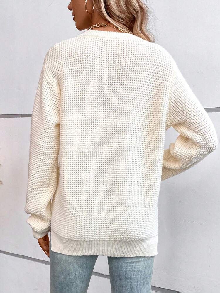 Notched Neck Pocket Patched Drop Shoulder Knit Pullover Fall Winter Sweater