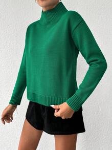 EURMUSE 小高領落肩袖套頭毛衣 - 綠色 - 查看 3