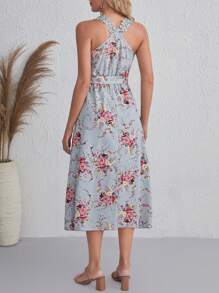 SHEIN Clasi In hoa Váy có thắt lưng - Màu xanh lam - Xem 2