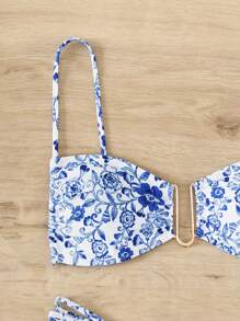 SHEIN Swim 夏季沙灘花卉印花剪裁比基尼套裝 - 藍白色 - 查看 4