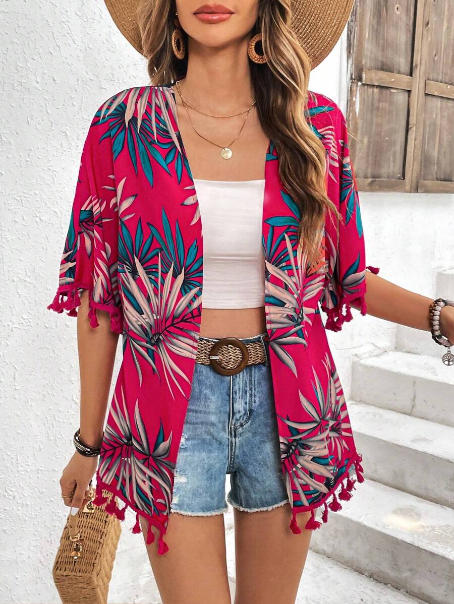 Swim Vcay Summer Beach Tropical Print Tassel Trim Kimono - Red - View 1