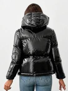 EURMUSE Zip Up Puffer Coat - Black - View 2