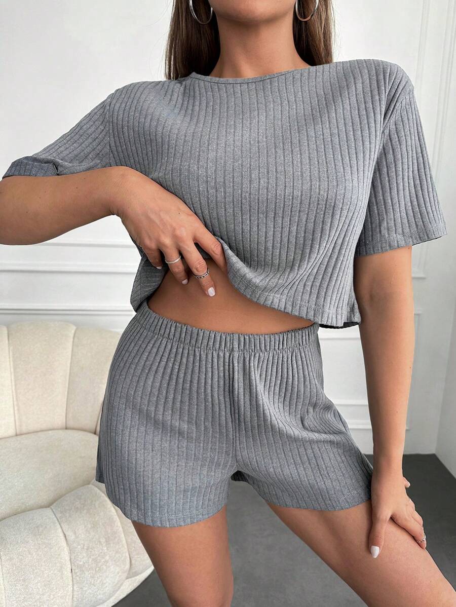 RueChic Solid Ribbed Knit Lounge Set - Grey - View 1