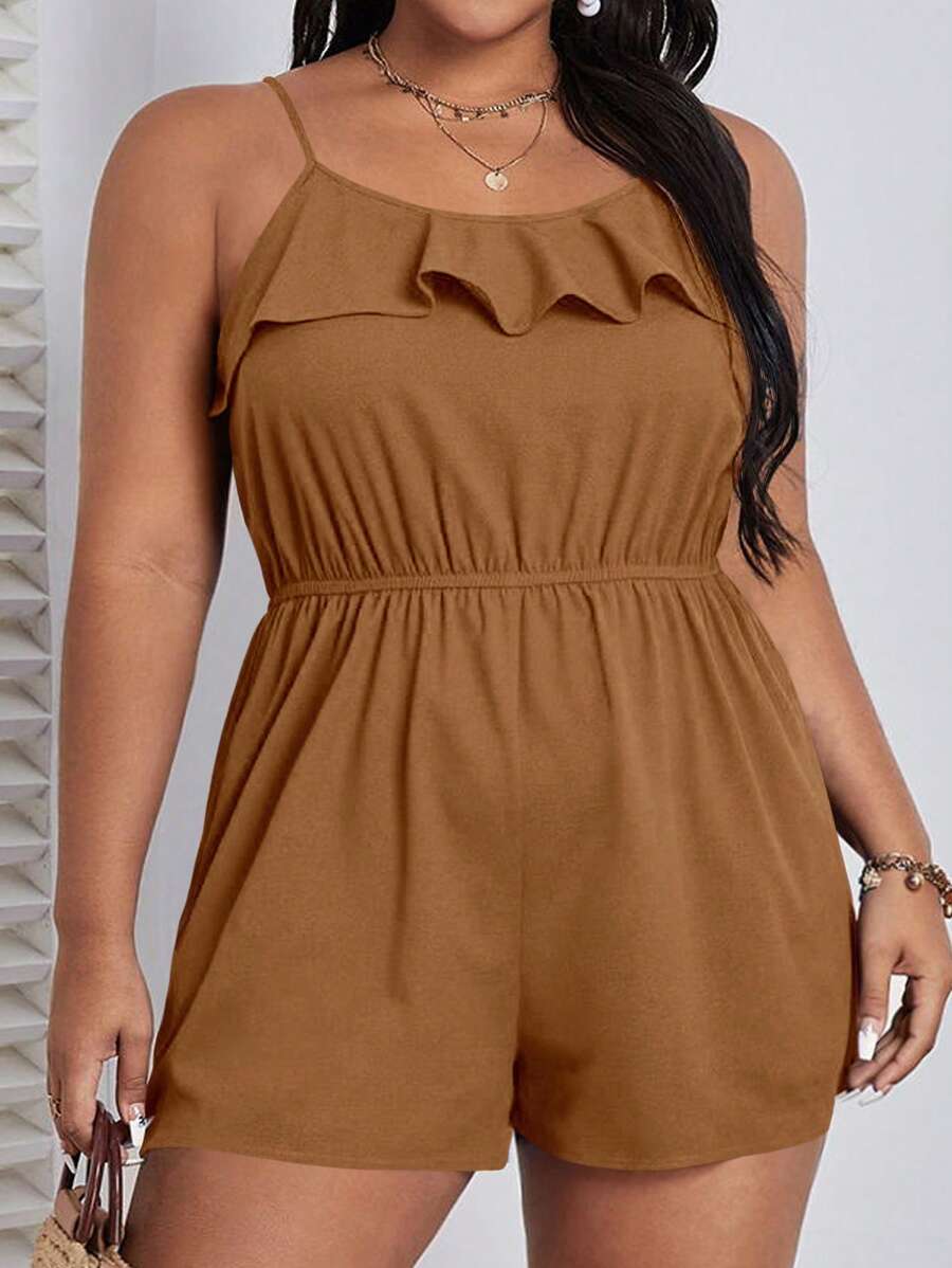 Dreamara 大碼荷葉邊吊帶連體短褲 - 棕色 - 查看 1