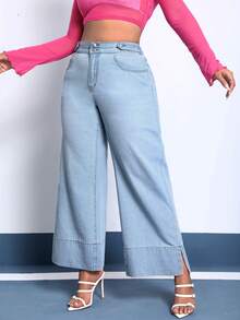 SHEIN Essnce Hơn Cao eo quần ống rộng Quần jean - Màu xanh lam - Xem 5