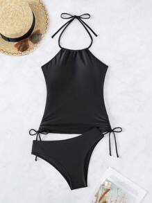 Swim Basics Summer Beach Drawstring Side Halter Tankini - Black - View 4