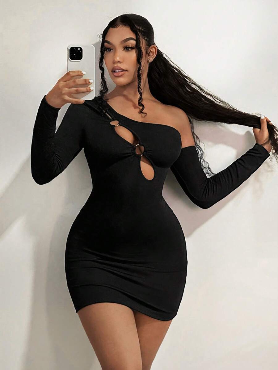 SHEIN SXY Cổ không đối xứng Cắt ra Váy bodycon - màu đen - Xem 1