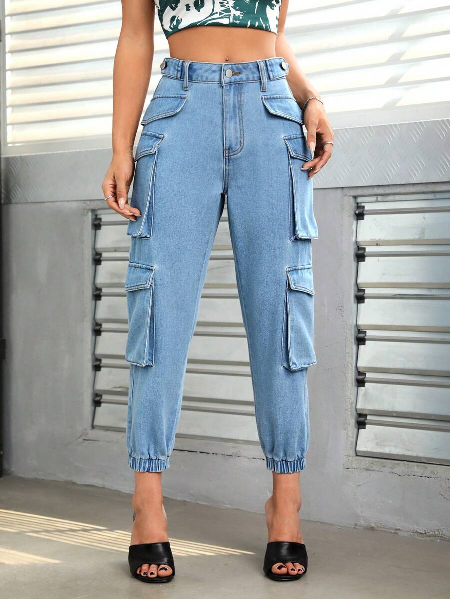 SHEIN PETITE 側翻蓋口袋工裝牛仔褲 - 中等水洗藍 - 查看 1