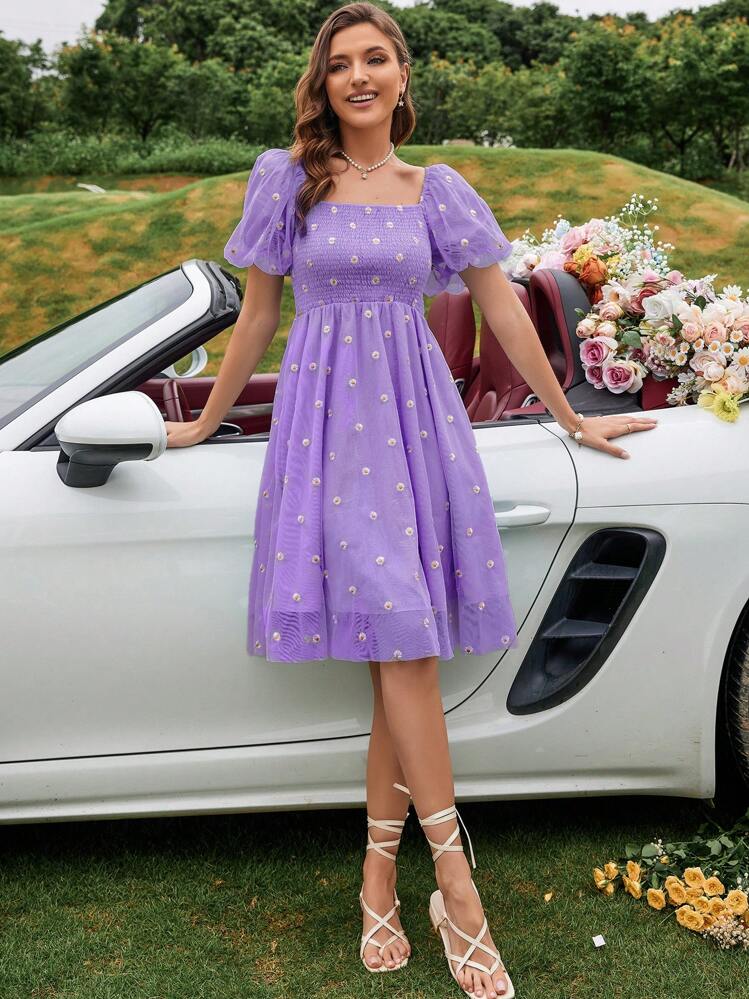Aveloria Modichic Floral Embroidery Mesh Shirred Puff Sleeve Dress