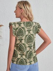 SHEIN LUNE Allover Print Ruffle Trim Blouse