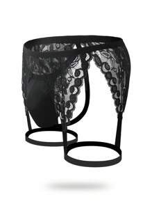 Men's Black Lace Cut Out Crotchless Underwear Naughty Lingerie - Black - View 3