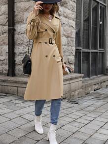 SHEIN LUNE Đôi ngực Thắt lưng Áo khoác Trench - Màu Khaki - Xem 4