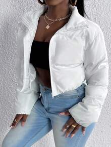 Slaydiva Solid Zip Up Crop Padded Coat - White - View 5