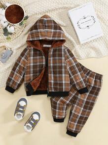 SHEIN Baby Boy Plaid Print Zip Up Hooded Teddy Lined Jacket & Pants