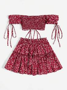 Soleia All Over Print Knotted Bardot Top & Skirt Set - Burgundy - View 2