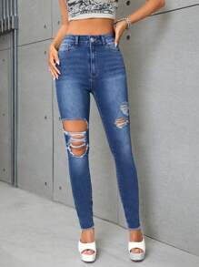 SHEIN Essnce Cat Whisker Ripped Skinny Jeans - Medium Wash - View 1