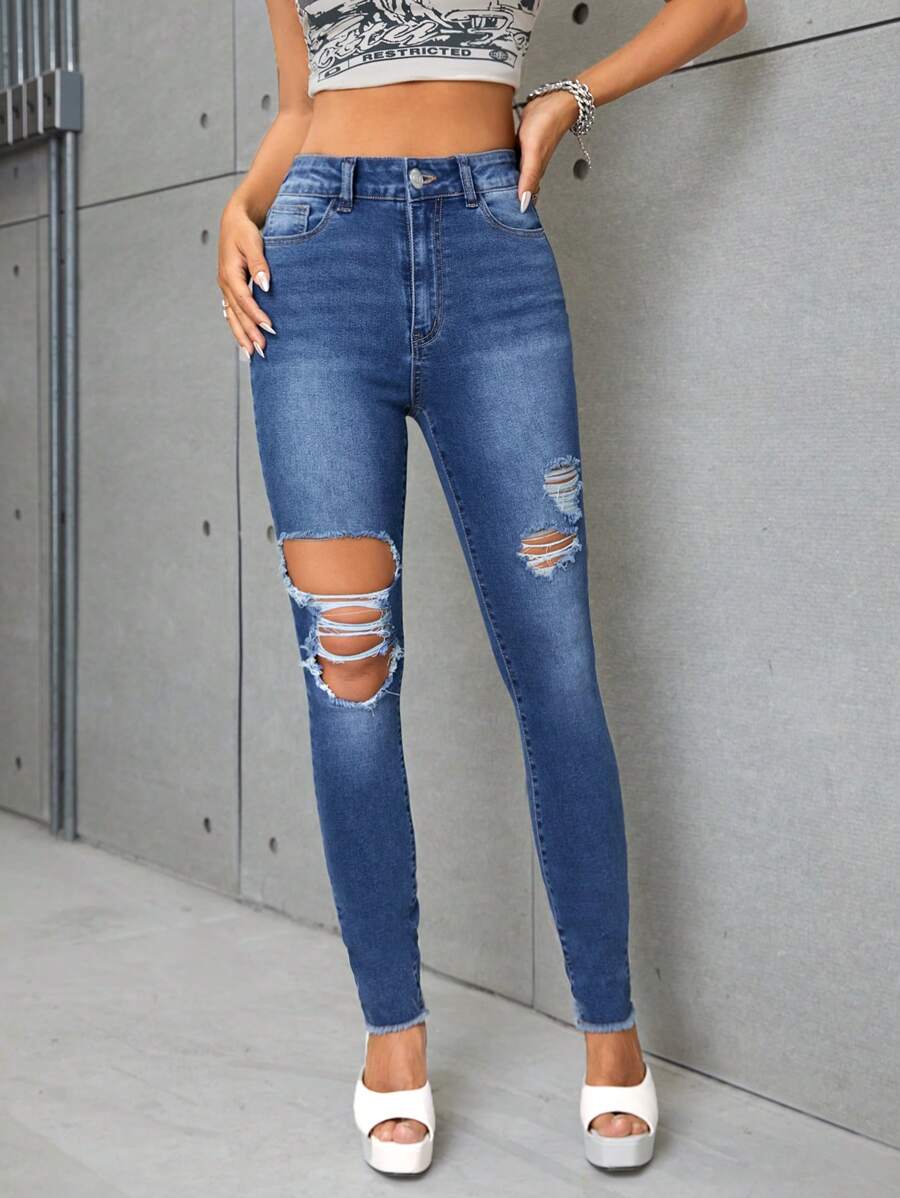 SHEIN Essnce Cat Whisker Ripped Skinny Jeans - Medium Wash - View 1