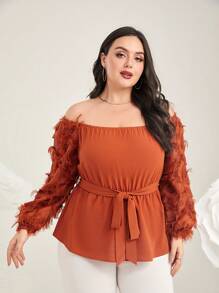 Modelyn 大碼一字肩貼花燈籠袖腰帶襯衫 - 珊瑚橙 - 查看 5