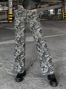 SHEIN ICON Camo Print Wide Leg Jeans - Multicolor - View 1