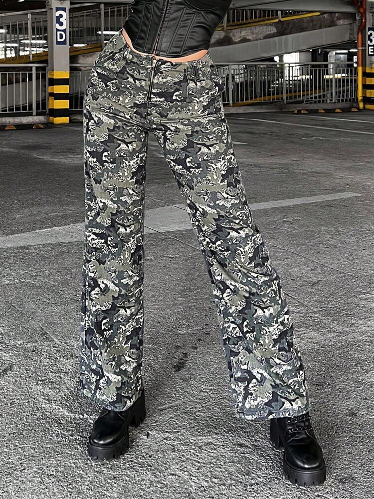 Camo Print Wide Leg Jeans