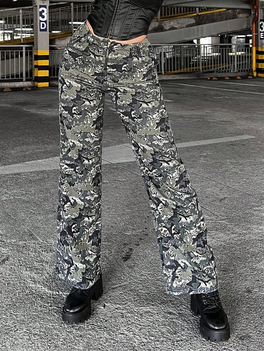SHEIN ICON Camo Print Wide Leg Jeans - Multicolor - View 1