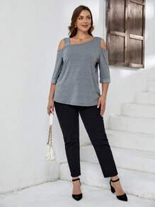 EMERY ROSE 大碼素色不對稱領肩部挖空T恤 - 灰色 - 查看 4