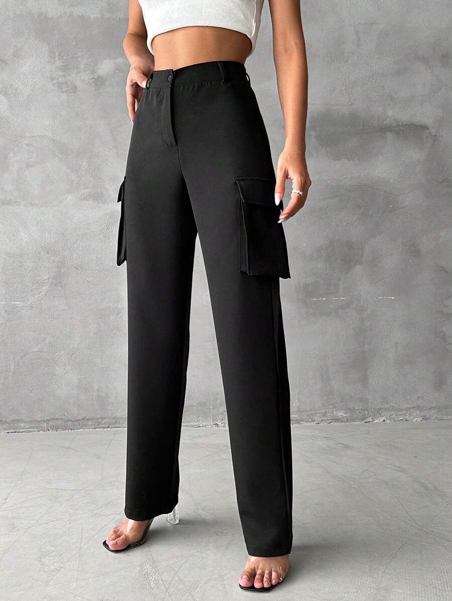 EURMUSE Flap Pocket Side Cargo Pants - Black - View 1