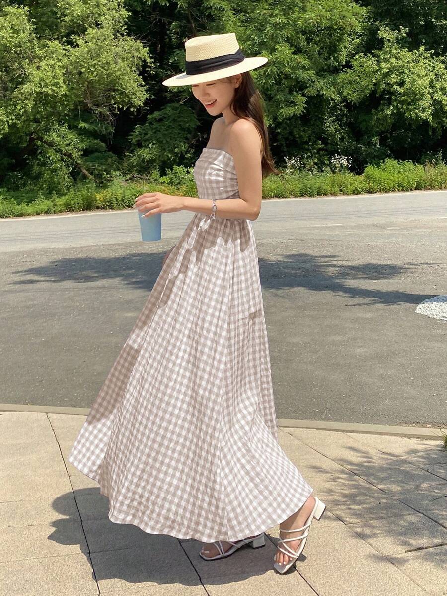 DAZY Gingham Print Tube Dress - Yellow - View 1