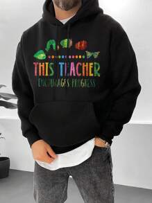 Manfinity Homme 男士標語圖案袋鼠口袋抽繩連帽衫 - 黑色 - 查看 1