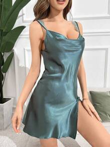 SilkySpell Camisón de satén con espalda descubierta y lazo de encaje en contraste - Azul Cadete - Ver 6