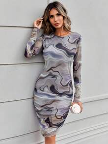 EURMUSE 大理石圖案側收褶緊身洋裝 - 彩色 - 查看 5