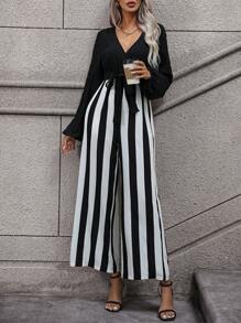 SHEIN VCAY Striped Print Surplice Neck Belted Wide Leg Jumpsuit - Black - View 5