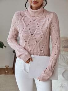 SHEIN LUNE Áo len dệt kim cao cổ Pointelle - Màu Hồng baby - Xem 3