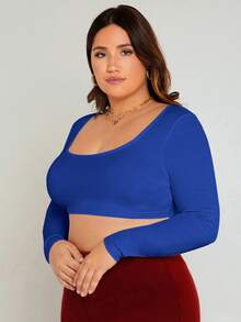 SHEIN BASICS Hơn Chất rắn Scoop Cổ Áo phông Crop - Xanh đậm - Xem 5