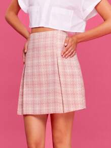 RueChic Plaid Print Zip Back Skirt - Baby Pink - View 6