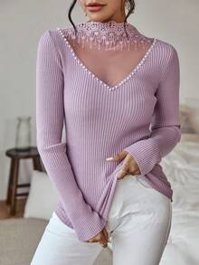 SHEIN Clasi 珍珠串珠小高領條紋針織套頭毛衣 - 紫丁香色 - 查看 3